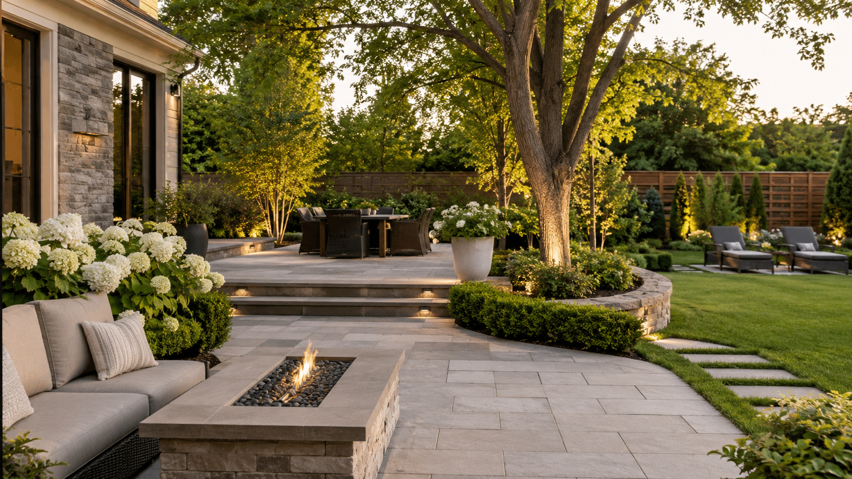 Luxury landscaped backyard patio with seating and garden lighting