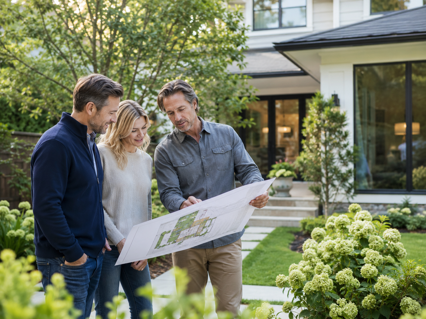 Landscape designer reviewing a garden plan with homeowners