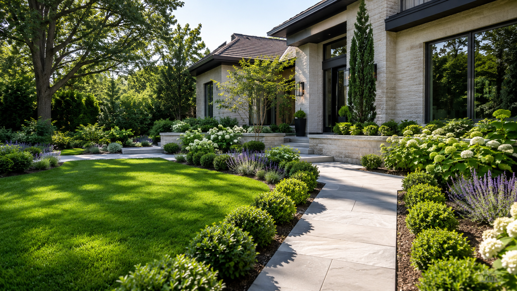 Beautiful landscaped front yard with modern home and stone walkway