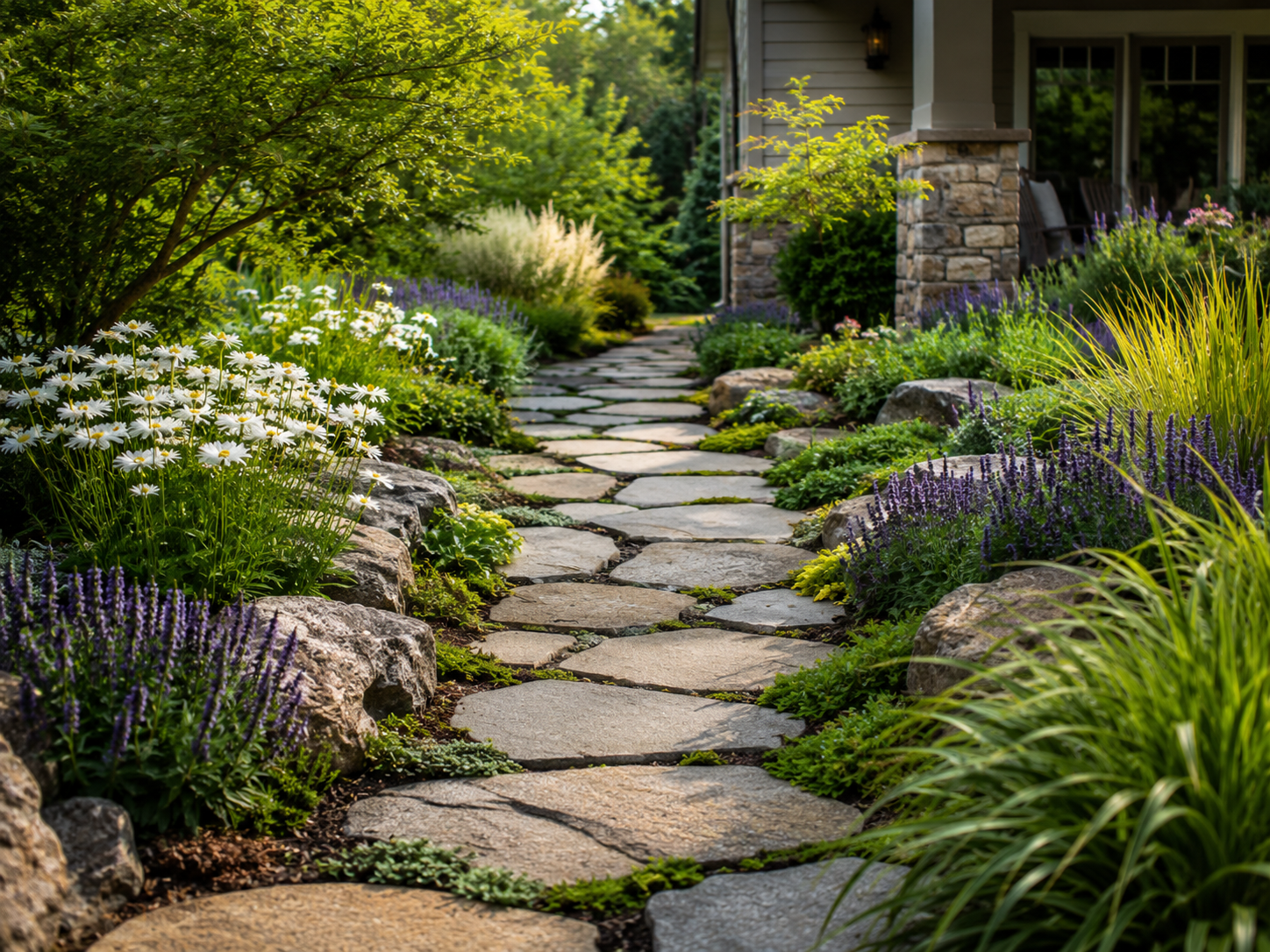 Stone garden pathway with lush plantings and flowers